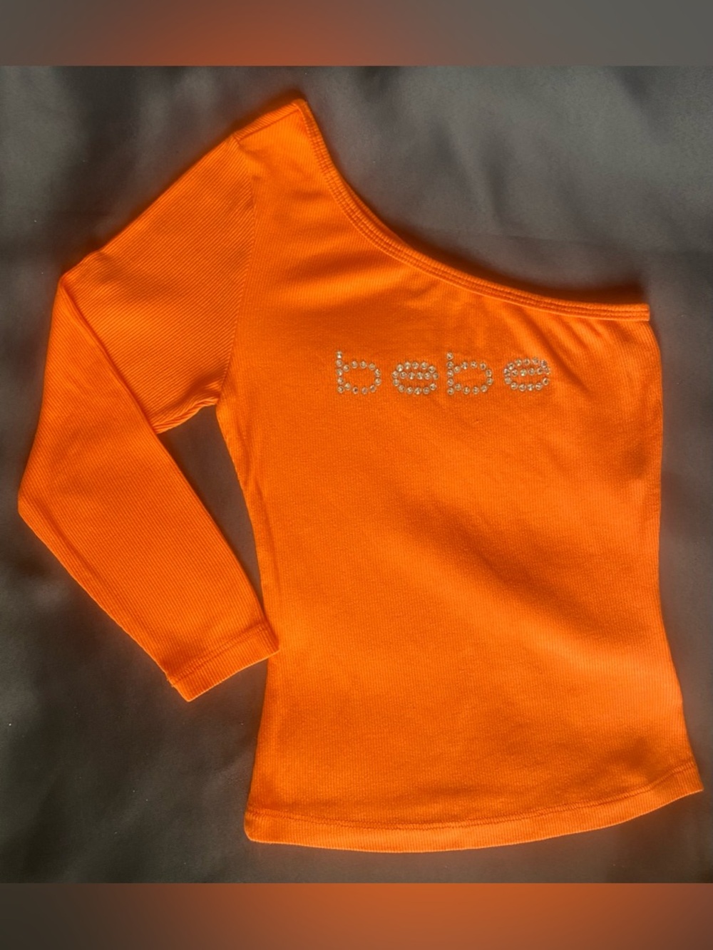 Bebe Y2K Rhinestone One Shoulder Top Orange Fitted Stretch - Picture 3 of 5